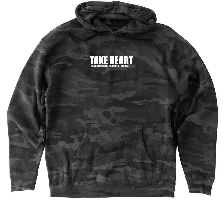 TAKE HEART (IT IS FINISHED) - Black Camo Hoodie (White Text)